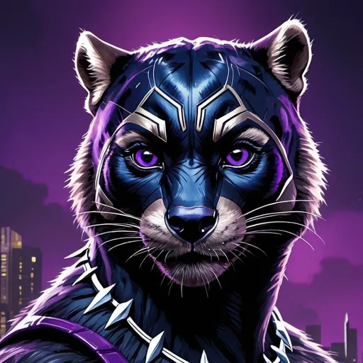 Prompt: Black Panther-themed digital artwork of a mischievous raccoon, detailed facial features, realistic fur texture, high-quality, comic book style, dark and moody tones, dramatic lighting, Wakanda-inspired urban landscape in the background, vibrant purple accents, sleek and professional rendering, intense eyes, cool tones, urban, Wakanda, detailed fur, professional, comic book style, dramatic lighting