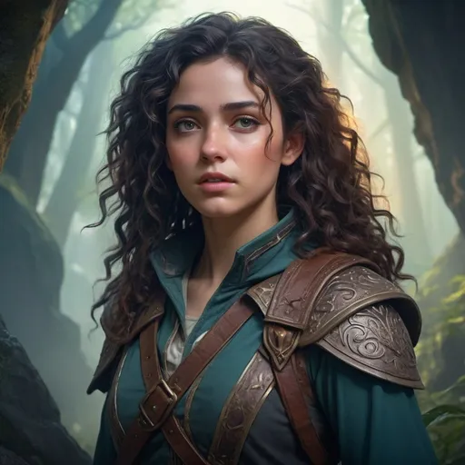 Prompt: Ethereal high-fantasy landscape, academy, female ranger with dark curly hair, loss and grief, ultra-realistic, atmospheric, detailed characters, bright lighting, high-fantasy setting, mystical aura, detailed facial expressions, epic storytelling, academy, professional, vibrant colors, intricate details, ethereal lighting