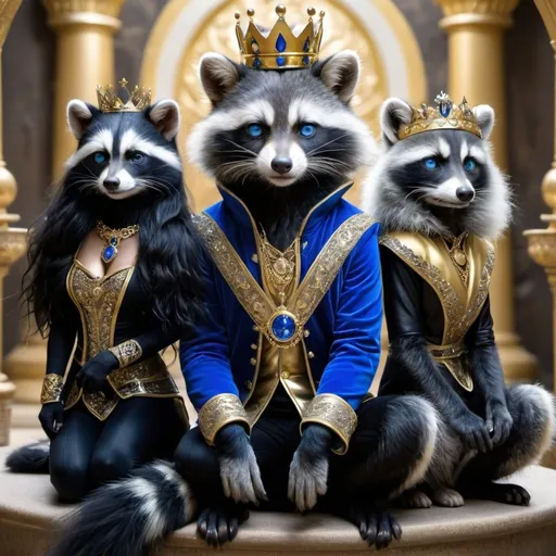 Prompt: beautiful human raccoon and two astonishing-looking females. The female has long, curly black hair, and piercing blue eyes. one female is wearing black and gold royal clothes and the other one wearing blue. the male raccoon is wearing black and silver royal clothes with gold fully covered. the raccoon is sitting in King thrown and standing