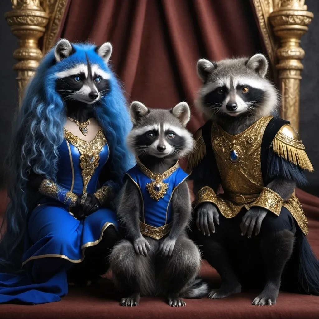 Prompt: beautiful human raccoon with different eye colors and two astonishing-looking females. The female has long, curly black hair, and piercing blue eyes. One female is wearing black and gold royal clothes and the other one wearing blue. the male raccoon is wearing black and silver royal clothes with gold fully covered. the raccoon is sitting in King's thrown 