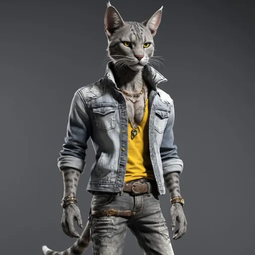 Prompt: Tabaxi wearing acid-washed Jeans, colors are shades of grey, looking like a bad boy, best quality, masterpiece