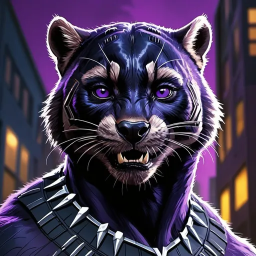 Prompt: Black Panther-themed digital artwork of a mischievous raccoon, detailed facial features, realistic fur texture, high-quality, comic book style, dark and moody tones, dramatic lighting, Wakanda-inspired urban landscape in the background, vibrant purple accents, sleek and professional rendering, intense eyes, cool tones, urban, Wakanda, detailed fur, professional, comic book style, dramatic lighting