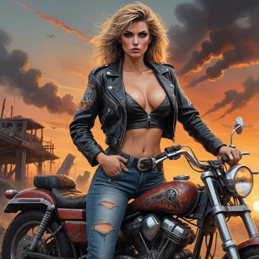 Prompt: Post-apocalyptic 1980s movie poster featuring badass female bikers, oil painting, rugged motorcycles, dramatic sunset, retro 80s vibe, fierce and confident expressions,tight micro uniform with skimpy top, FULL CHEST SIZE, deep open neckline, revealing cleavage, SENSUAL POSE, mini skirt, perfect composition, hyperrealistic, super detailed, high quality, Splash art, front, hyperdetailed intricately detailed, unreal engine, intricate detail, splash screen, complementary colors, concept art, heavy strokes, splash arts, full height, full body focus