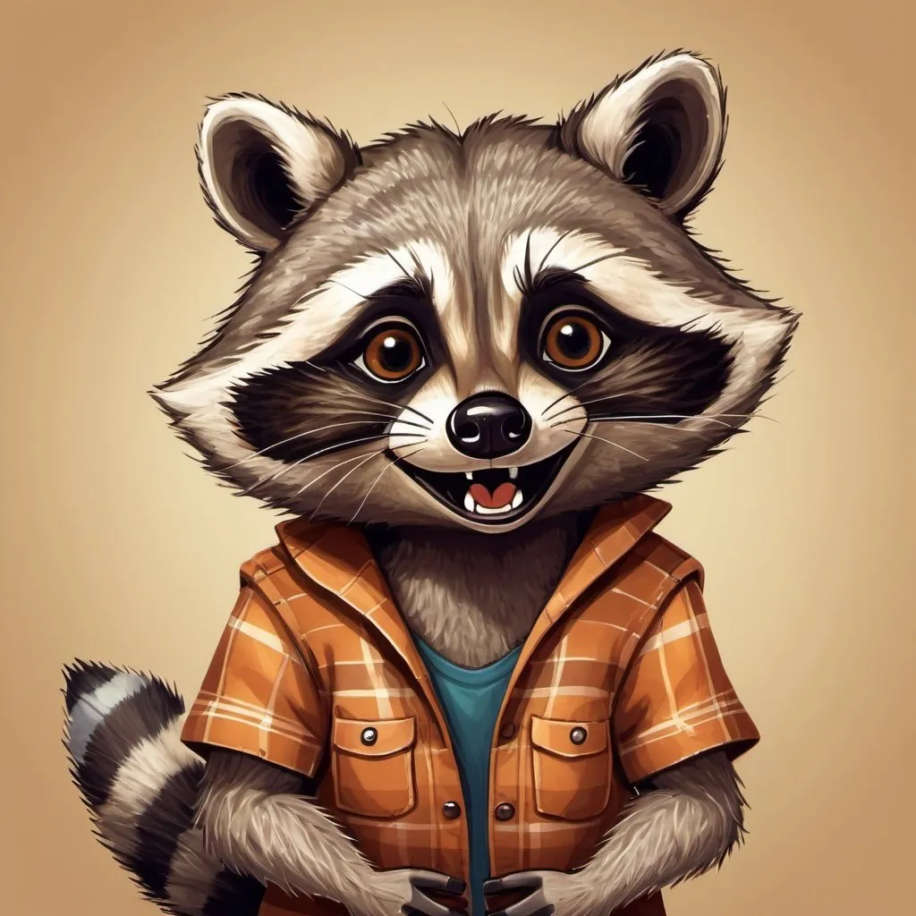 Prompt: Funny raccoon illustration, digital art, mischievous expression, playful pose, detailed fur with comical highlights, high quality, whimsical style, warm tones and soft lighting
