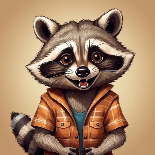Prompt: Funny raccoon illustration, digital art, mischievous expression, playful pose, detailed fur with comical highlights, high quality, whimsical style, warm tones and soft lighting