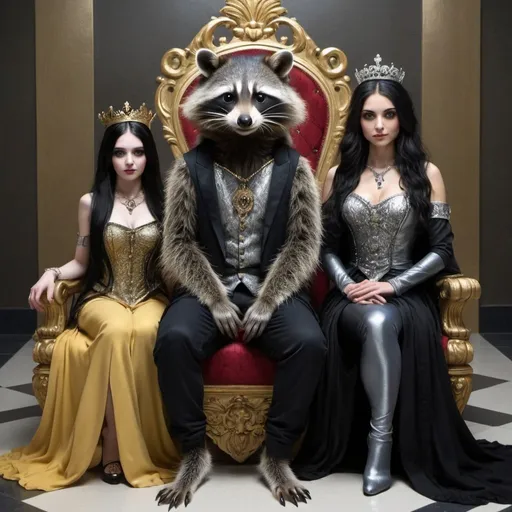 Prompt: Tall, pale human raccoon and two female. The women has long, curly black hair, piercing blue eyes. the raccoon has long straight black hair, piercing silver. The female is wearing black and gold royal clothes. the male is wearing black and silver royal clothes. the raccoon is sitting in king thrown and two of queens standing