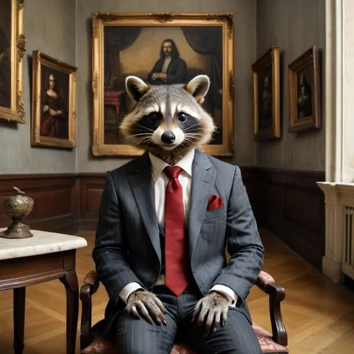 Prompt: Sitting polaroid portrait of a raccoon wearing a dark gray pin-striped suit and red tie, legs crossed in a stately room with Renaissance paintings on the walls, 