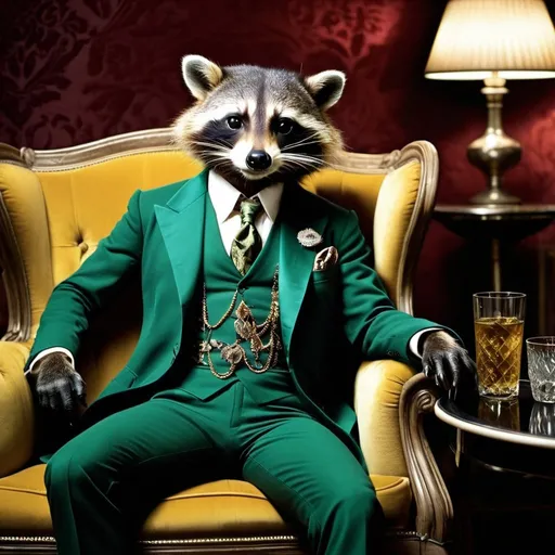 Prompt: Amidst the opulent parlors of a decadent Weimar-era mansion, a charismatic raccoon reclines on a luxurious divan, his shirt discarded to reveal a sinewy torso adorned with inked symbols of rebellion. With a glass of absinthe in hand and an enigmatic smirk playing on his lips, he embodies the spirit of defiance and seduction that defined the era's cultural elite. The scandalous color photography captures the magnetic allure of his presence, beckoning viewers to succumb to the intoxicating charms of the forbidden. Photographer: Greta Schneider. Lens: 35mm. Type: prime. Angle: medium. Filter: noir. Time: evening. Season: autumn.