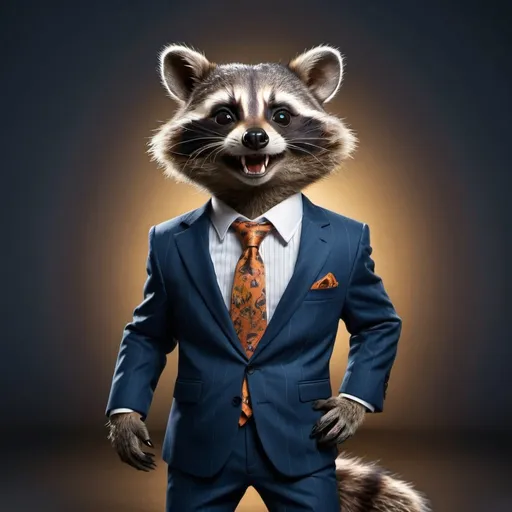 Prompt: Laughing raccoon in a suit, standing position, high quality, detailed fur, comical style, business attire, vibrant and cheerful, professional lighting