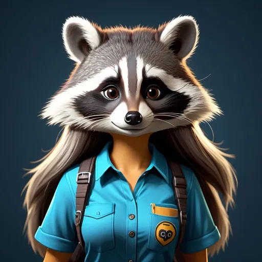 Prompt: Anthropomorphic female Raccoon with long hair and having the natural colors of a real raccoon - wearing a shirt - 4K resolution