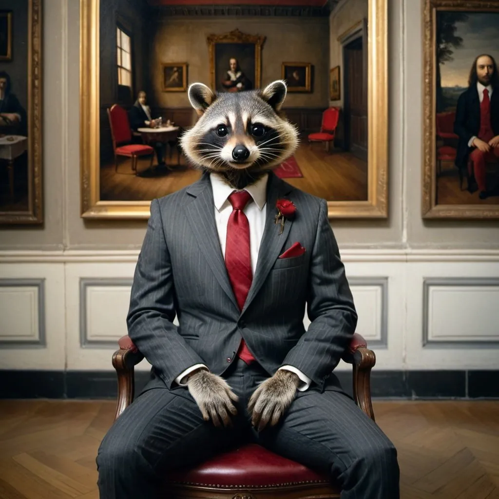 Prompt: Sitting polaroid portrait of a raccoon wearing a dark gray pin-striped suit and red tie, legs crossed in a stately room with Renaissance paintings on the walls, 