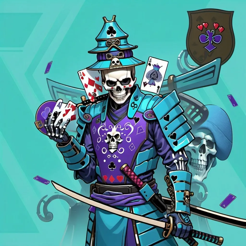 Prompt: Photorealistic, futuristic , 4K, poker card, Skull face, house hat, samurai