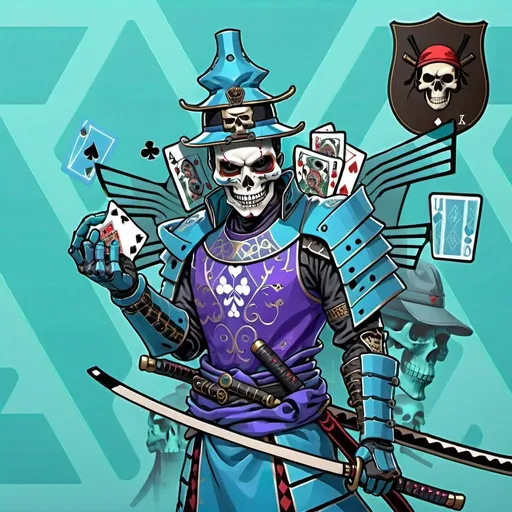 Prompt: Photorealistic, futuristic , 4K, poker card, Skull face, house hat, samurai