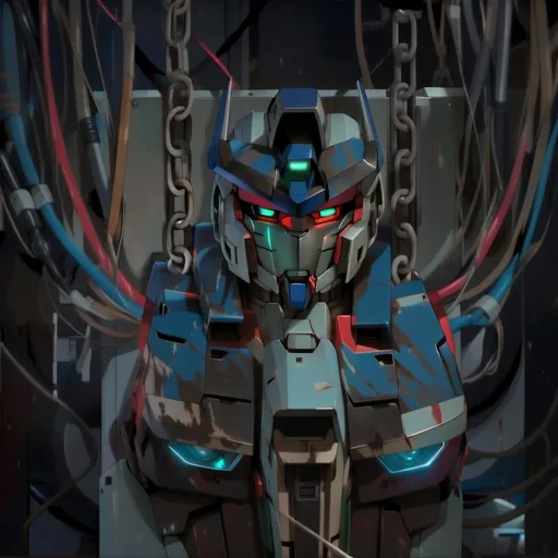 Prompt: , Gundam hanging on chains, symmetric , hooked up to chains