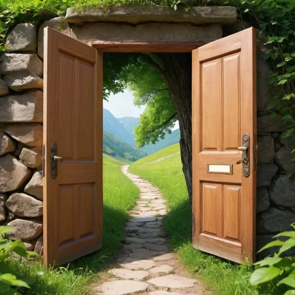 Prompt: open door that you can see on the outside nature with 3 paths