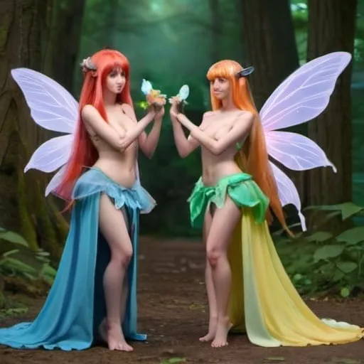 Prompt: adult female fairy with a huge chest lustful with another adult female fairy with a huge chest and they are both making lustful faces no frown and no awkwardness skinny