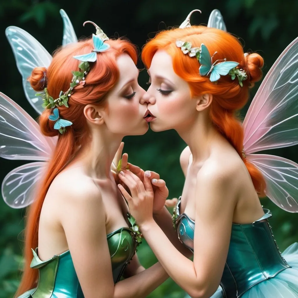 Prompt: adult female fairy kissing another adult female fairy pushing their chests together