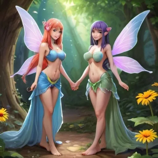 Prompt: adult female fairy with a huge chest lustful with another adult female fairy with a huge chest and they are both smiling no frown and no awkwardness skinny happy