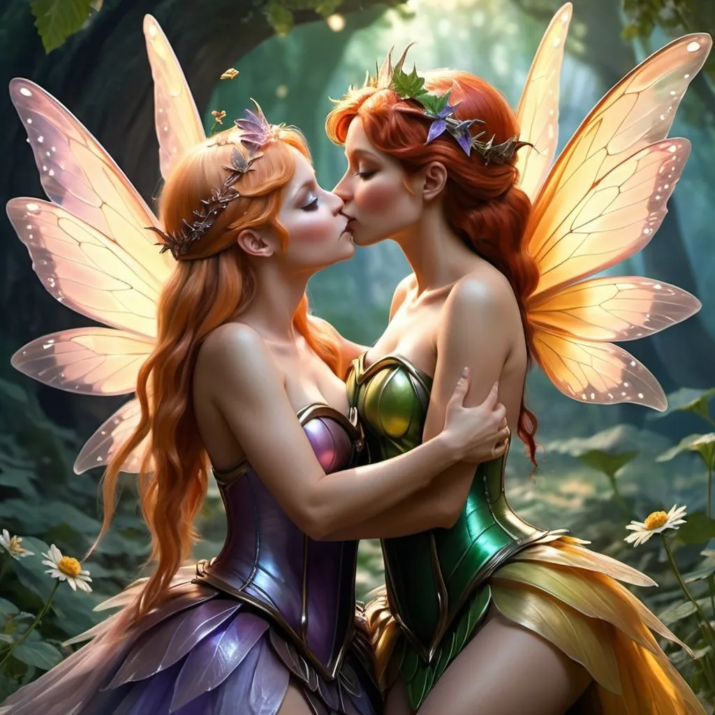 Prompt: adult female fairy with a big chest kissing another adult female fairy with a big chest