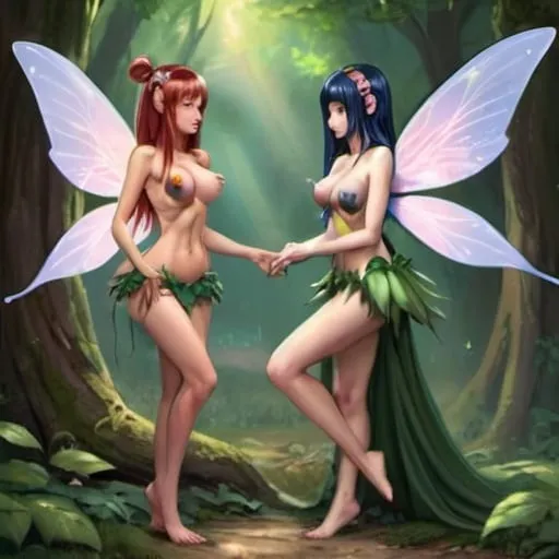 Prompt: adult female fairy with a huge chest lustful with another adult female fairy with a huge chest and they are both making no frown and no awkwardness skinny