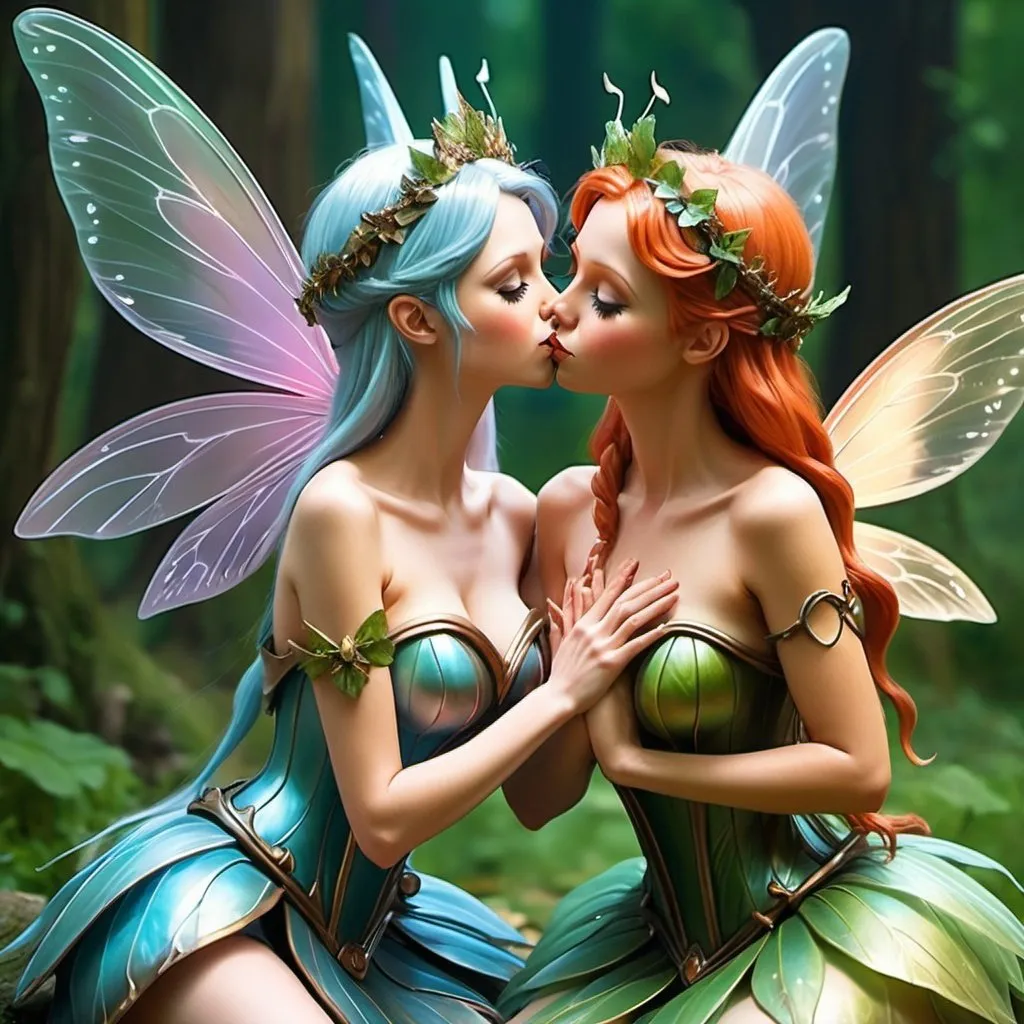 Prompt: adult female fairy with a huge chest kissing another adult female fairy with a huge chest