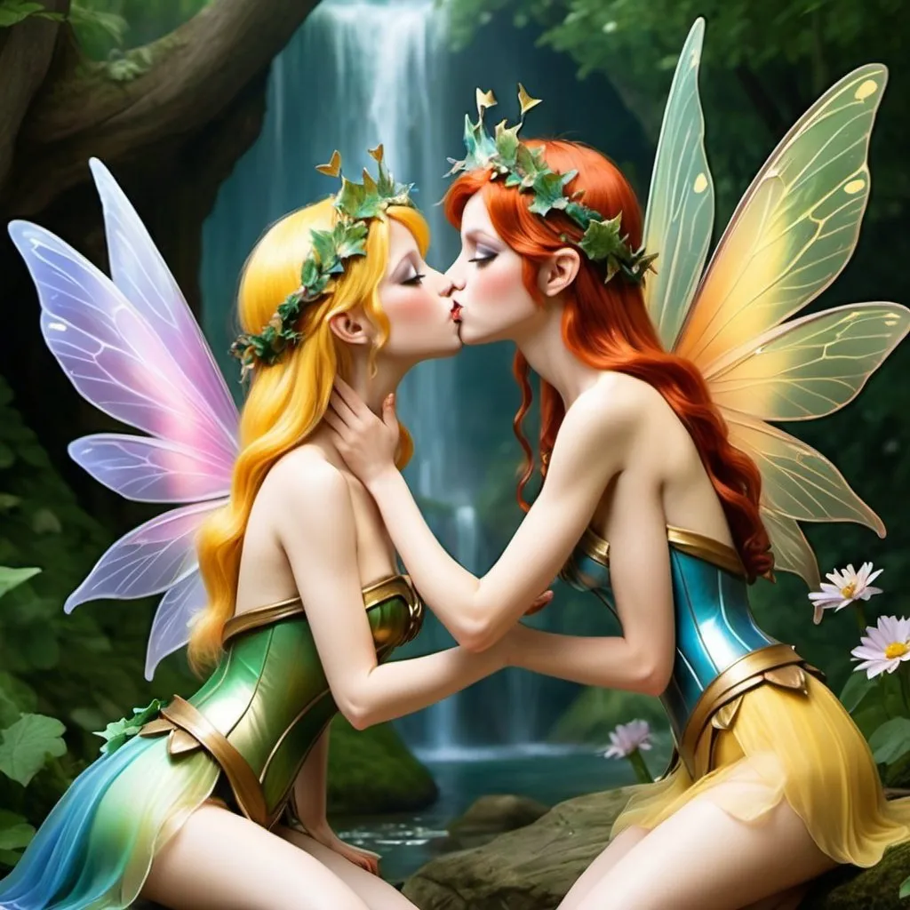 Prompt: adult female fairy kissing another adult female fairy big chests