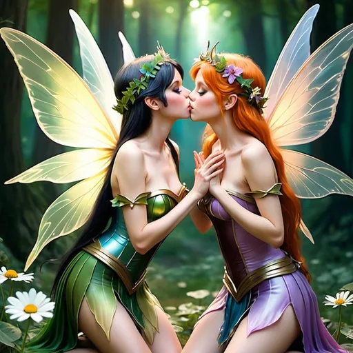 Prompt: adult female fairy kissing another adult female fairy big chests