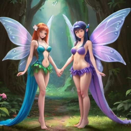 Prompt: adult female fairy with a huge chest lustful with another adult female fairy with a huge chest and they are both happy and no awkwardness skinny bnana