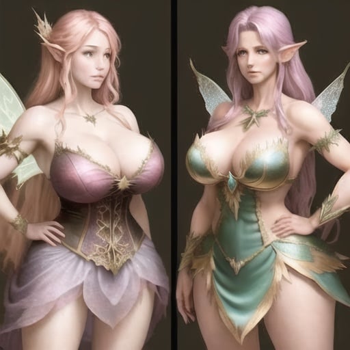 Prompt: adult female fairy with a huge chest 
vs another adult female fairy with a huge chest