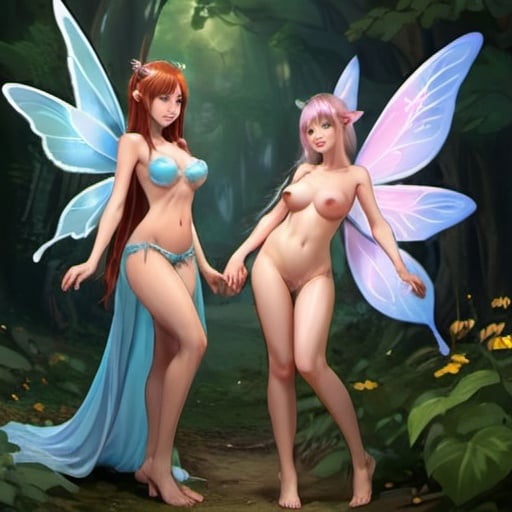 Prompt: adult female fairy with a huge chest lustful with another adult female fairy with a huge chest and they are both happy and no awkwardness skinny happy