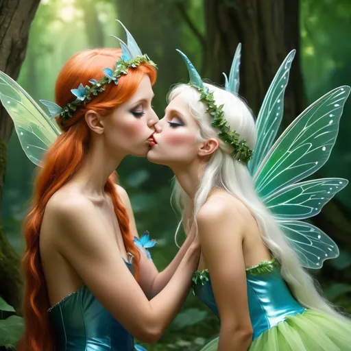 Prompt: adult female fairy another adult female fairy kissing