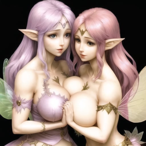 Prompt: adult female fairy with a huge chest kissing another adult female fairy with a huge chest