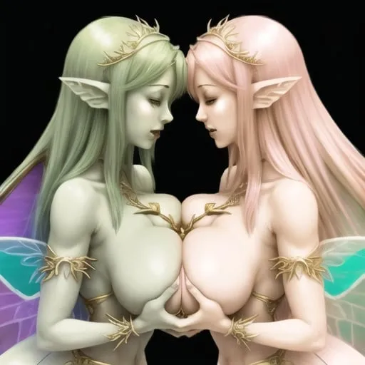 Prompt: adult female fairy with a huge chest kissing another adult female fairy with a huge chest