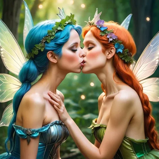 Prompt: adult female fairy kissing another adult female fairy pushing their chests together