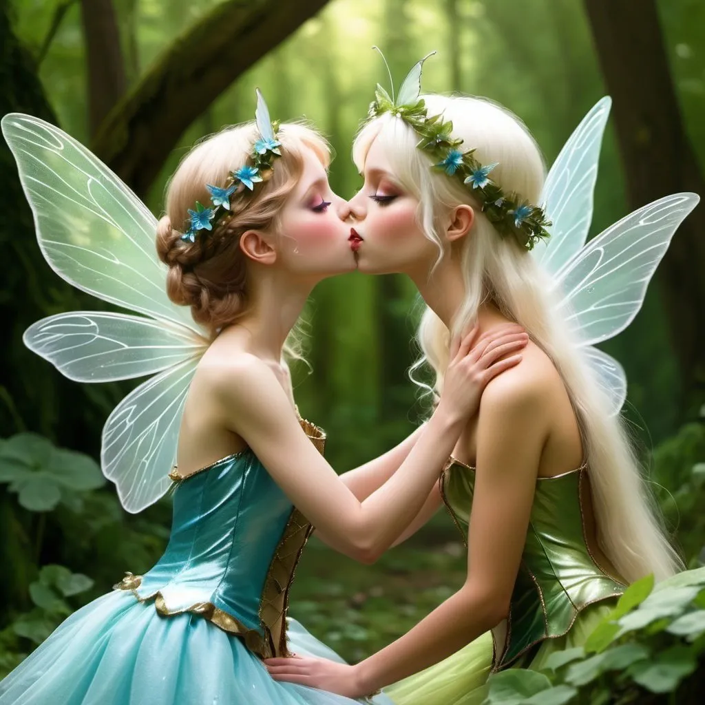 Prompt: adult female fairy another adult female fairy kissing