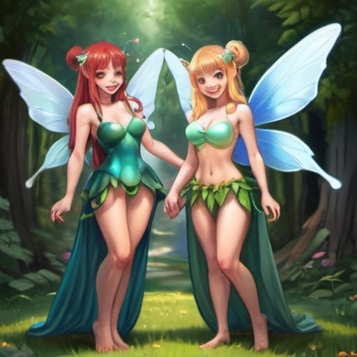 Prompt: adult female fairy with a huge chest lustful with another adult female fairy with a huge chest and they are both smiling no frown and no awkwardness skinny happy