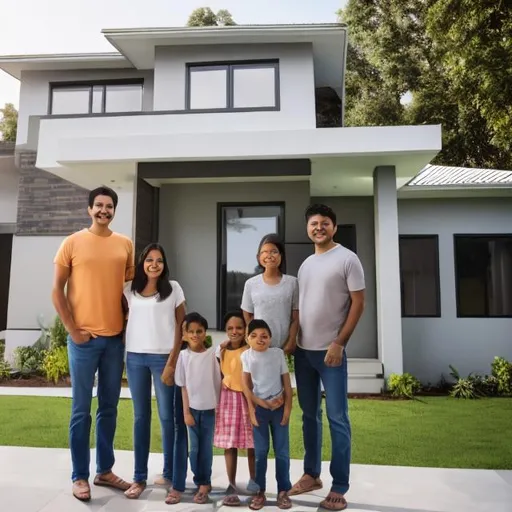 Prompt: a shot of a modern, happy family standing outside their newly-built home.