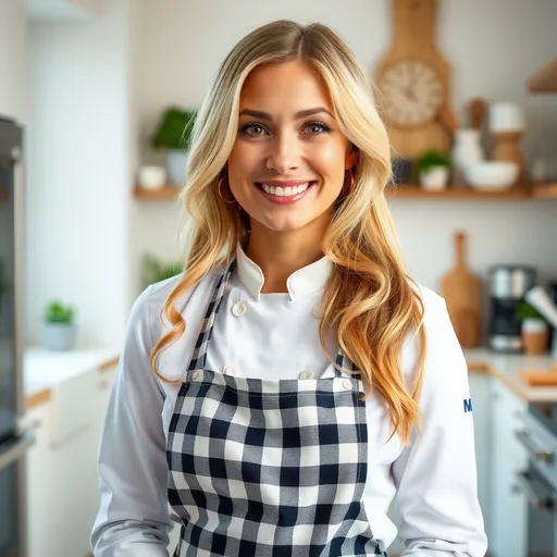 Prompt: Design an avatar of a 37-year-old American blonde female chef with a warm, friendly expression. She should be dressed in a white chef's jacket and checkered apron, standing in a modern kitchen that reflects her passion for cooking. The avatar is perfect for a recipe Facebook page, with hands not visible in the design.