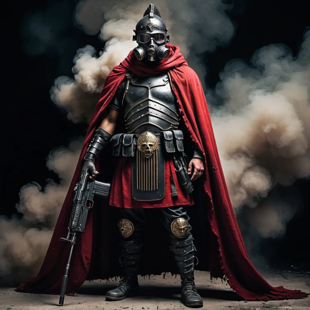 Prompt: black armored modern Roman legionary with a red torn cloak and scoped M250 and a gas mask full body