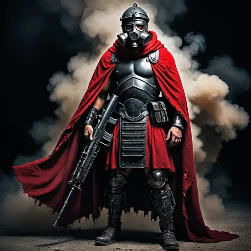 Prompt: black armored modern Roman legionary with a red torn cloak and scoped M250 and a gas mask full body