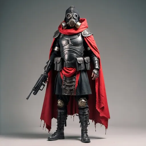 Prompt: black armored modern Roman legionary with a red torn cloak and scoped M250 and a gas mask full body