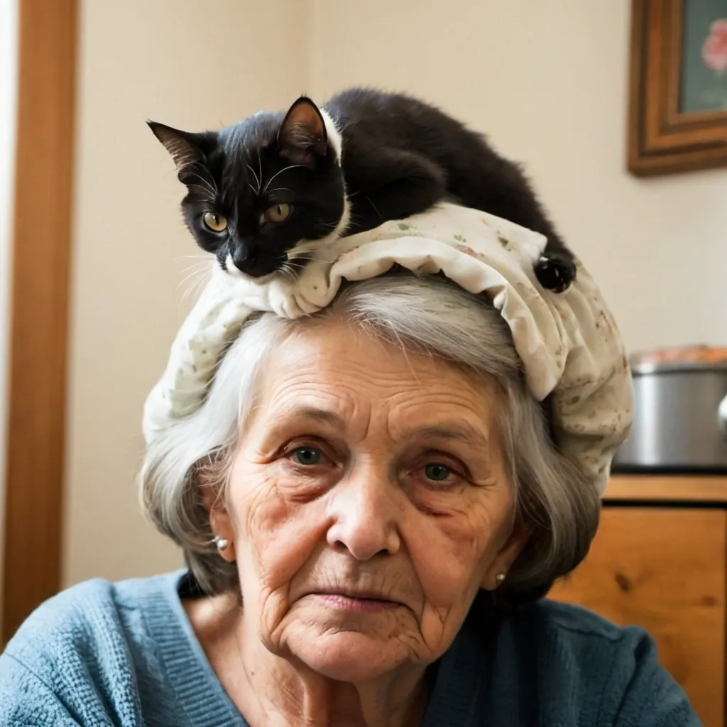 Prompt: a cat sitting on a grandma's head