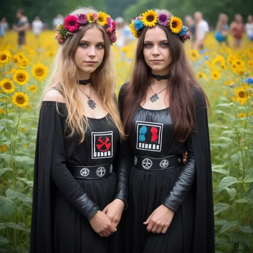 Prompt: Pretty twin  25 years sisters of dark vader evil sith dark side of the force, hippies, peace and love, flower power, summer of love