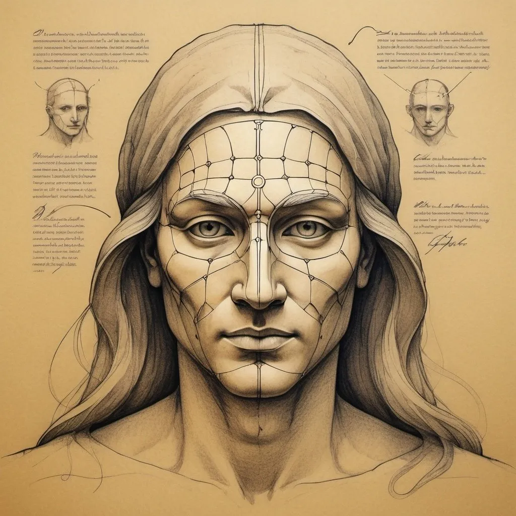 Prompt: Create a Renaissance-style sketch on aged yellow paper, reminiscent of Leonardo da Vinci's projects. The sketch should depict a human figure with two contrasting sides. One side should represent the outward 'mask' people wear, showing a calm, composed, and idealized face. The other side should reveal the true, inner self, with expressive, raw emotions and intricate details. Use fine, precise lines and shading to capture the duality of human nature, reflecting the theme of seeing through people's masks. Include subtle anatomical details and a few handwritten annotations in the style of Da Vinci's sketches