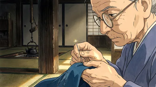 Prompt: /imagine prompt: 
# [1. Variable: Action & Angle]
(Extreme close-up side profile view), Grandma wearing vintage reading glasses, hunched over, sewing a blue fabric with intense focus, holding a needle and thread, wrinkled hands detail, 

# [2. Fixed: Background & Style]
BREAK, Background: Interior of a rustic Edo-period Japanese farmhouse, worn tatami mats on the floor, dark aged wooden pillars, a sunken hearth (irori) in the center with an iron kettle, sliding shoji doors, warm sunlight filtering through paper windows, Studio Ghibli animated style, hand-drawn watercolor texture, bold outlines, 

# [3. Overlay: Cinematic Realism]
(Cinematic Lighting: High contrast Chiaroscuro lighting, shaft of light illuminating only her hands and face, dark shadows in corners), (Realistic Texture: Macro photography detail of the fabric texture, metallic glint on the needle tip, subtle subsurface scattering on skin), 8k resolution, highly detailed.
