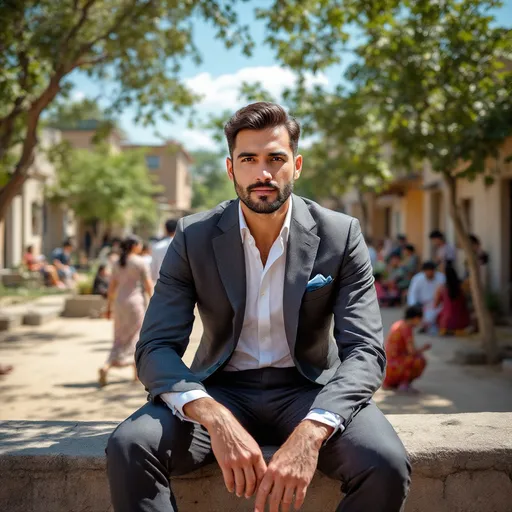 Prompt: A man sits confidently on a ledge, dressed in a tailored gray suit and a white shirt, exuding a sophisticated yet relaxed demeanor. Sunlight bathes the scene, illuminating a courtyard surrounded by modest residential buildings, while trees provide patches of shade against a clear blue sky. In the background, people engage in casual activities, with some dressed in traditional attire, adding a contrast to the man's formal look. The foreground, showcasing the man's poised posture and focused expression, draws attention while the warm, inviting atmosphere of the space suggests a lively neighborhood backdrop filled with everyday life.