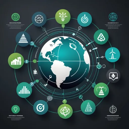 Prompt: (An infographic-style visual featuring symbols of ESG, technology, and sustainability like a globe, AI icons, and renewable energy symbols), (clean, modern design background with a focus on interconnectedness), (futuristic and innovative), (high-resolution digital rendering), (sharp, with a mix of vibrant and neutral tones).