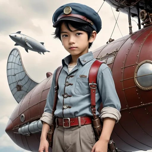 Prompt: 11 years young May 1949 born, boy, nationality Japanese English, 145 cm tall, slim, Japanese descent, almond-shaped ice-blue eyes, black hair with a braid behind a slouch cap, grey silver shirt with small silver buttons, red trousers, animal companion: Japanese sliding squirrel, background steampunk airship