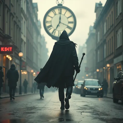 Prompt: Man with weapon walking ten toes down walking in streets while hes battling time like an arch enemy.  Big Faint clock in the sky in a mid evil fashion. 
