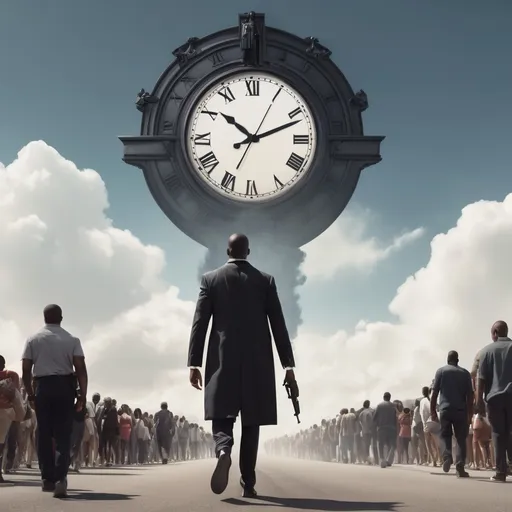 Prompt: A black man with weapon fearlessly walking down a streak lined with people looking at him with envy and jealousy.  Blended in the background of the sky is a huge faint menacing looking clock, like the mans arch enemy 